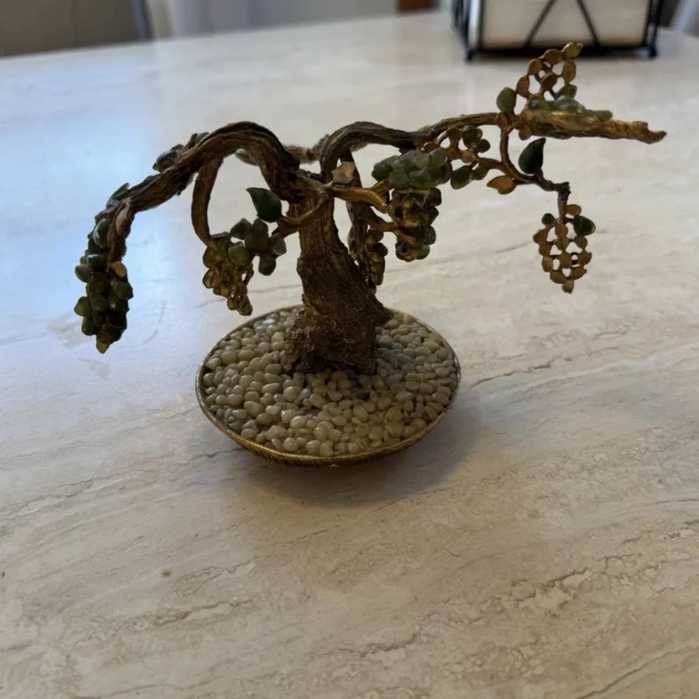 Vintage Stone Bonsai Tree Sculpture Brass Base Asian Decor - Picture 2 of 3